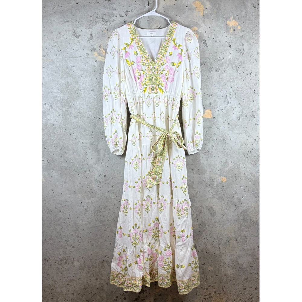 A loves A Maxi Dress Womens Medium White Pink Floral Linen Tie Front V Neck